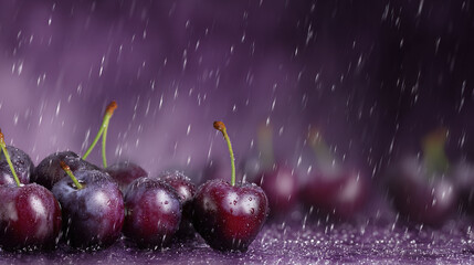 Raindrop-Covered Cherries in a Moody Setting