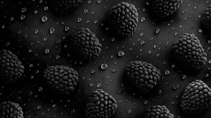 Dark abstract composition with spherical shapes and water droplets