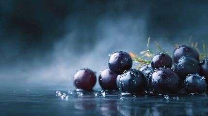 Dark Berries with Water Droplets on Shiny Surface