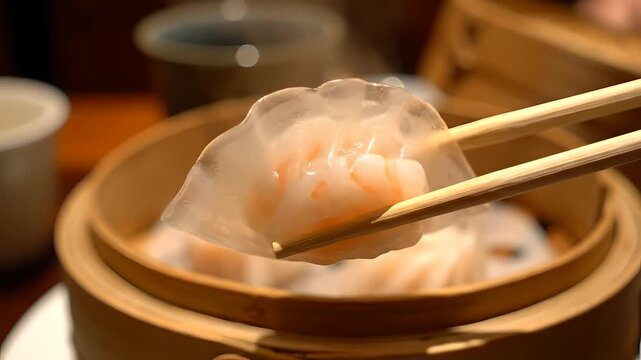 Steaming Har Gow dumpling held by chopsticks, revealing translucent skin and fresh shrimp filling. Perfect for showcasing authentic Cantonese dim sum, gourmet Asian cuisine, restaurant menus,