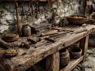 Rustic Workbench Scene with Old Tools and Wooden Bowl Still Life Setting
