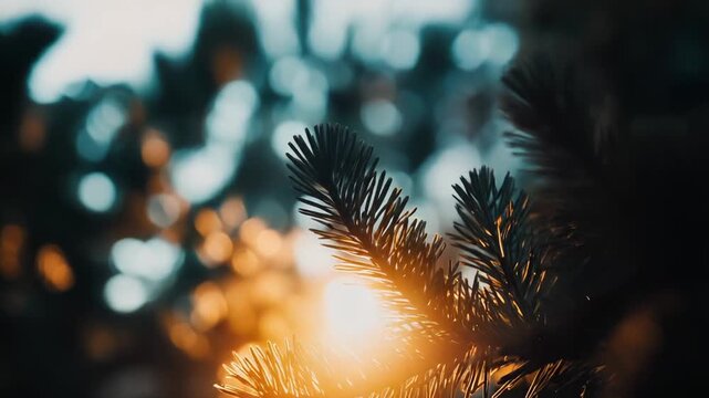 Pine tree branches capturing golden sunlight, creating warm lens flare and vibrant bokeh lights as natural elements represent the beauty of nature and seasons