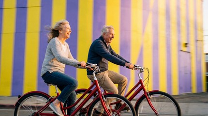 Fototapeta premium Cheerful senior couple riding red bicycles past a colorful wall. They are laughing and enjoying an active retirement lifestyle, ideal for health and wellness themes.