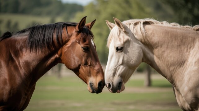 Two horses nuzzling in a meadow 