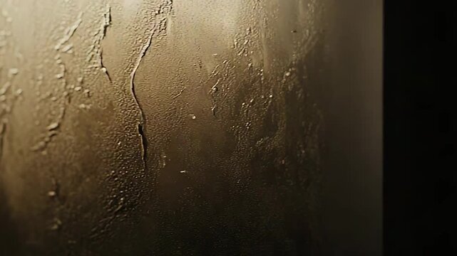 Wet weathered glass surface with intricate texture and moisture droplets creating an abstract background, illuminated by soft warm light from the side