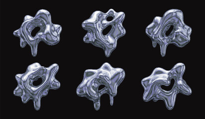 Fototapeta premium Set of abstract liquid chrome elements. Surreal molten metal shapes in a dither pixel style. Futuristic Y2K mercury-like blobs perfect for collages and experimental design.