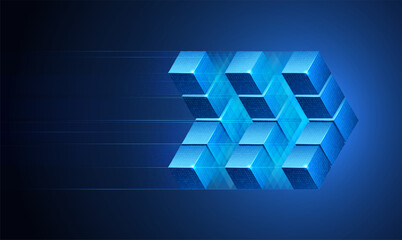 Abstract futuristic blue neon arrow moving left to right. Dark background. Digital geometric 3D design. Glowing light motion, speed concept for technology, business, data flow and forward direction