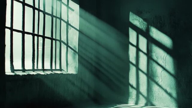 Dark prison cell with window bars allowing sun rays to stream in, casting strong linear shadows on the textured wall and floor, representing confinement and symbols of hope