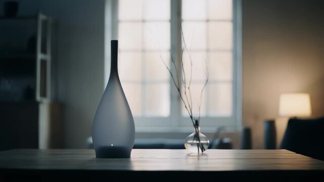 Frosted glass diffuser bottle with a soft internal glow sits on a wooden table, creating a serene and inviting atmosphere in a light filled home interior with a window in the background