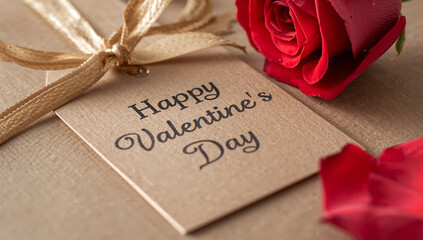 メッセージタグを主役に寄せたマクロ構図と赤いバラの柔らかな前ボケ