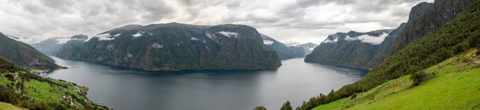 Panoramic view of Aurlandsfjord seen from the scenic route Aurlandsvangen in Norway