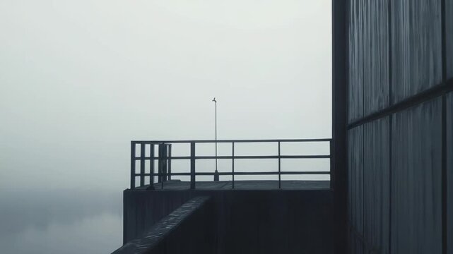 Industrial building facade and roof railing disappearing into a thick atmospheric fog, creating a stark, minimalist composition with abstract lines and desaturated colors