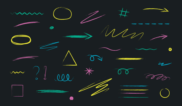 Set doodle lines, arrows, elements emphasis. Rough hand drawn brush strokes. Underline grunge brush. Simple sketch style accent, attention. Icon drawing. Vector illustrations.