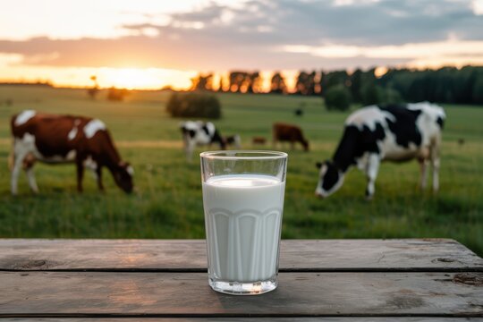 Glass of fresh milk on wooden table with cows grazing at sunset dairy drink