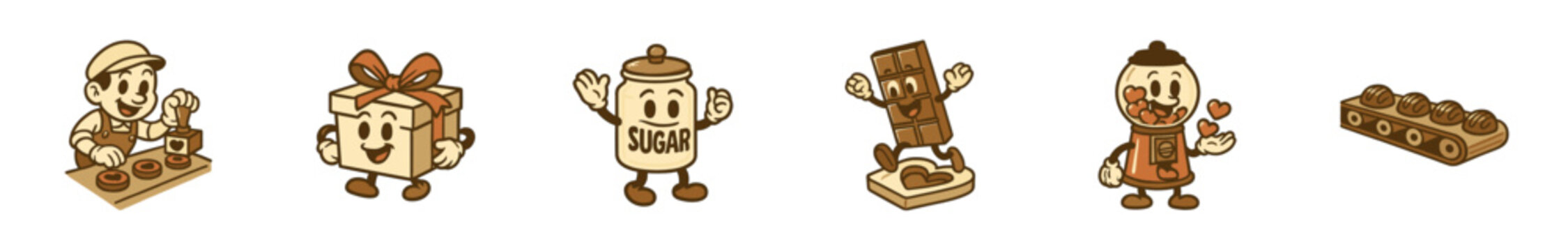 Confectionery characters, sweet treats, and dessert production elements illustrated in a delightful retro cartoon style, ideal for food industry branding.