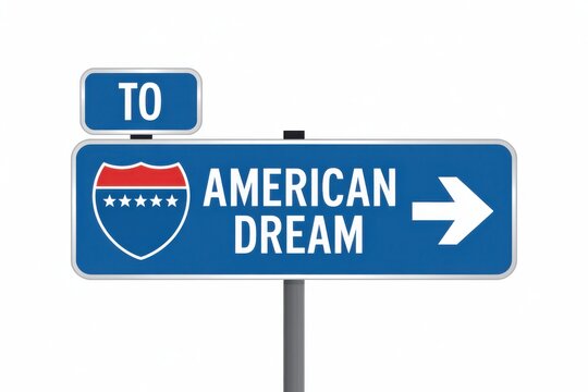 Blue highway sign pointing towards the American Dream with an interstate shield direction