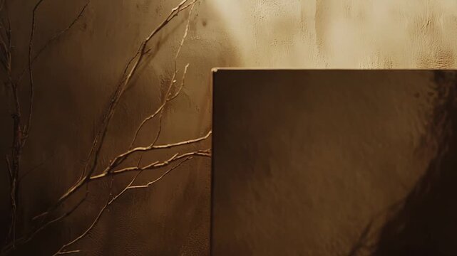 Dark rectangular box acting as a minimalist product display against a warm textured wall with dry branches, featuring a raw and organic aesthetic for background or promotion