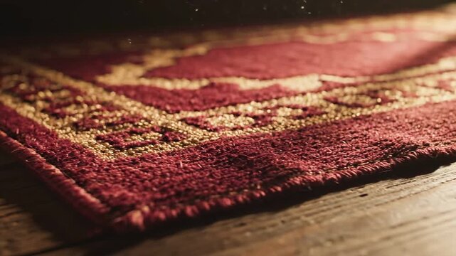 Close-up of a traditional Islamic prayer rug with intricate golden patterns on a wooden surface