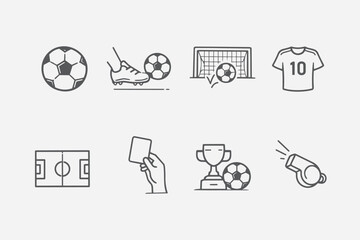 Soccer and football linear icon set with ball, goal, jersey, trophy, referee card and whistle © rampatex