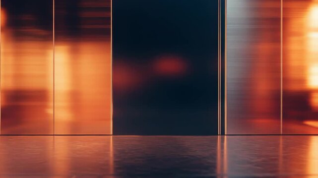 Interior space showcases dynamic reflections on geometric metallic panels and a polished concrete floor. Creating a futuristic glow and vibrant atmosphere for product display or architectural backdrop