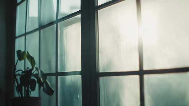 Warm morning sunbeams creating an atmospheric haze through a gridded window, revealing a potted plant, representing themes of home, light, and a new day