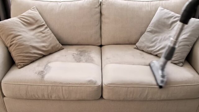 A dirty sofa is cleaned with a vacuum cleaner. The upholstery becomes fresh and spotless after cleaning.