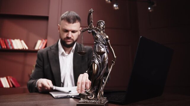 Attorney using laptop at desk with Lady Justice statue and bookshelves in background. Law practice, justice, legal research and professional lawyer workspace concept.