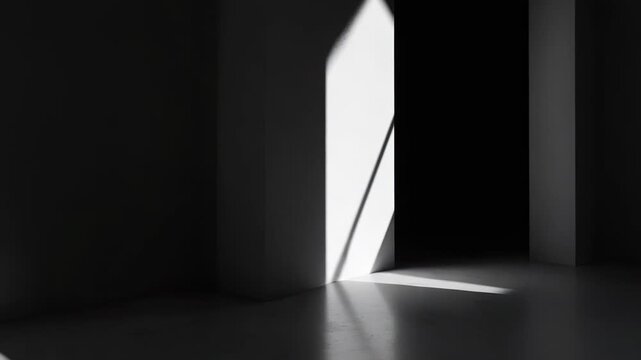 Room features concrete pillars receiving natural light creating dramatic contrasts, abstract shadows, and bright reflections on the floor, forming a modern geometric composition