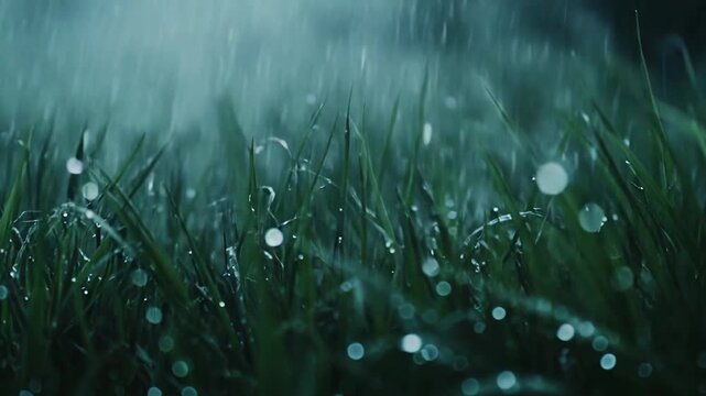 Green blades of grass covered in tiny, sparkling water droplets capturing the fresh essence of nature after rain or morning dew, creating a vibrant natural background