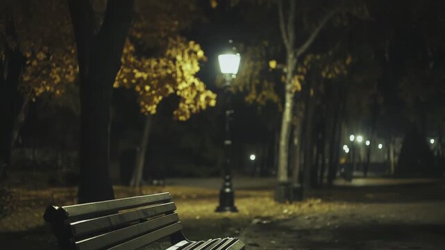 Empty park bench sits on a paved path, illuminated by a warm glowing streetlight, with autumn leaves scattered around and other subtle lamps in the deep, serene night