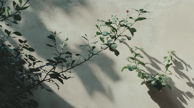 Plant branches with green leaves creating intricate, elongated shadows on a beige, textured wall, showcasing the interplay of natural light and organic forms in an outdoor setting