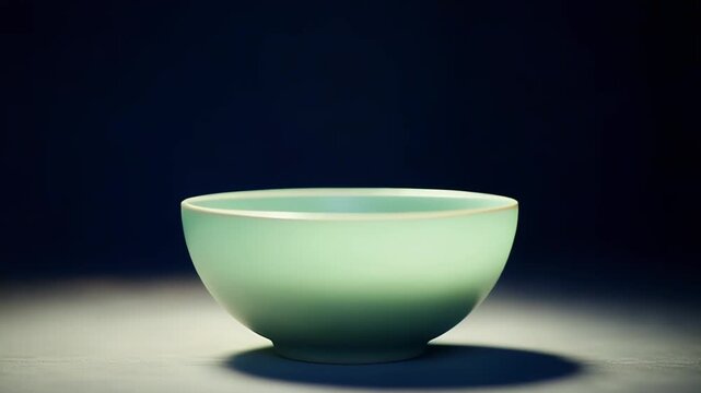 Empty matte ceramic bowl with a minimalist round shape on a subtly reflective surface, set against deep blue backdrop clean, modern still life with calm, elegant simplicity