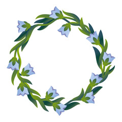 Round wreath made of blue bell-shaped flowers and green leaves, forming a circular floral frame on white background. Suitable for spring and summer greeting cards, 8 March, Mother's Day 