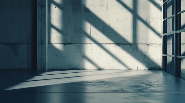 Empty concrete space featuring direct sunlight creating dramatic, angular shadows on the textured wall and polished floor, providing a minimalistic background or environment for various designs