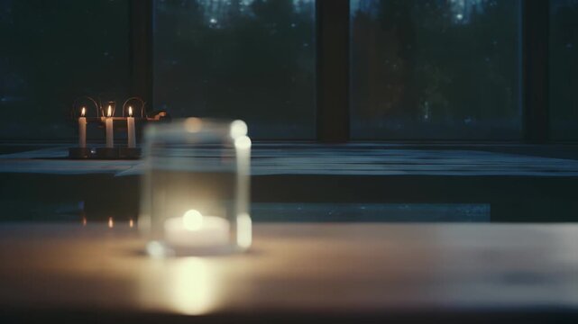 Small tea light candle, protected within a glass jar, casting a warm glow on a wooden table, creating a peaceful and serene evening atmosphere with soft background lights