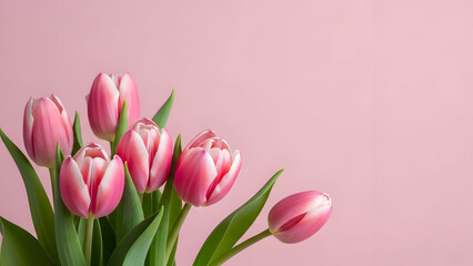 Obraz premium A bouquet of pink tulips against a soft pink background showcasing their delicate petals and green leaves in a serene floral arrangement