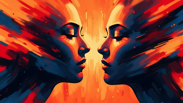 Abstract portrait of two faces in profile with vibrant orange and red background
