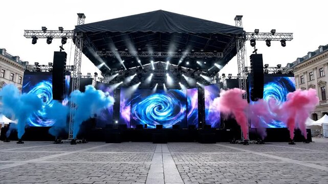 An outdoor stage setup is prepared for a concert. Lights and smoke effects create a vibrant atmosphere.