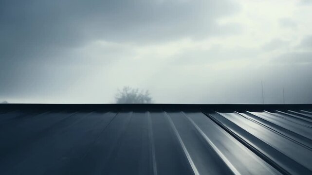 Corrugated metal roof extending towards the horizon under a cloudy, cool sky, creating a minimalist outdoor composition with strong lines and reflective surfaces