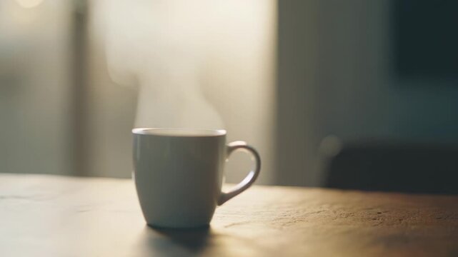 White ceramic mug with rising steam holding a hot morning beverage on a dark wooden surface, bathed in soft, warm natural light creating a comforting cozy atmosphere