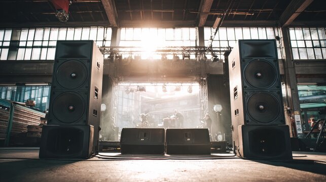 Large PA Speakers Set up on Stage for an Event in an Industrial Location With Lights and Sound Equipment Being Prepared