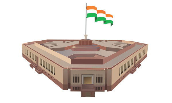 Modern triangular Parliament of India building with a waving tricolor national flag.