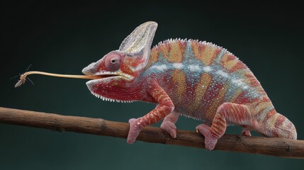 Naklejka premium chameleon with a long tongue catching a fly on a branch