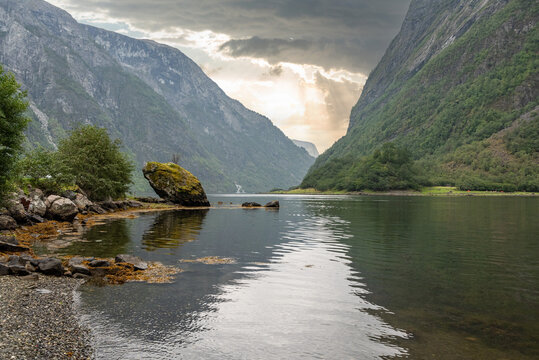 Scenic wild landscape at Naeroyfjord in Bakka village in Norway