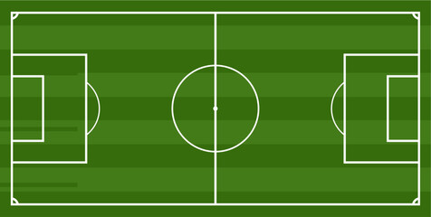 Top-down view of a classic green striped soccer field with white boundary lines. © Kay