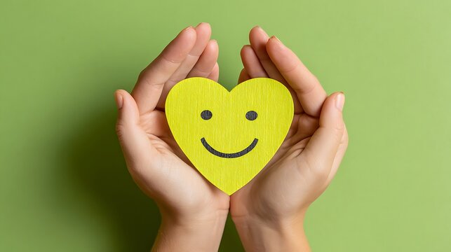 Hands holding a yellow heart with a smiley face on a solid green background