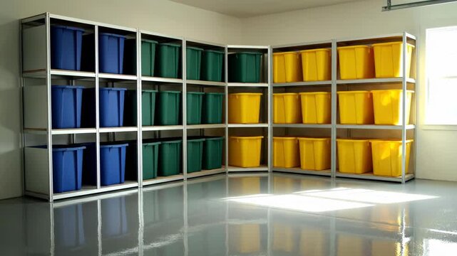 A cluttered garage transforms into an organized storage space. Clean shelves display colorful bins for efficient organization.