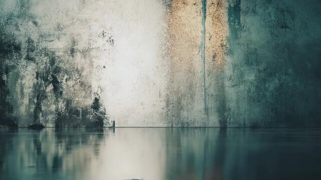 Grungy concrete wall texture reflecting golden ambient light on a dark, wet, and reflective floor surface, creating a moody and atmospheric industrial background