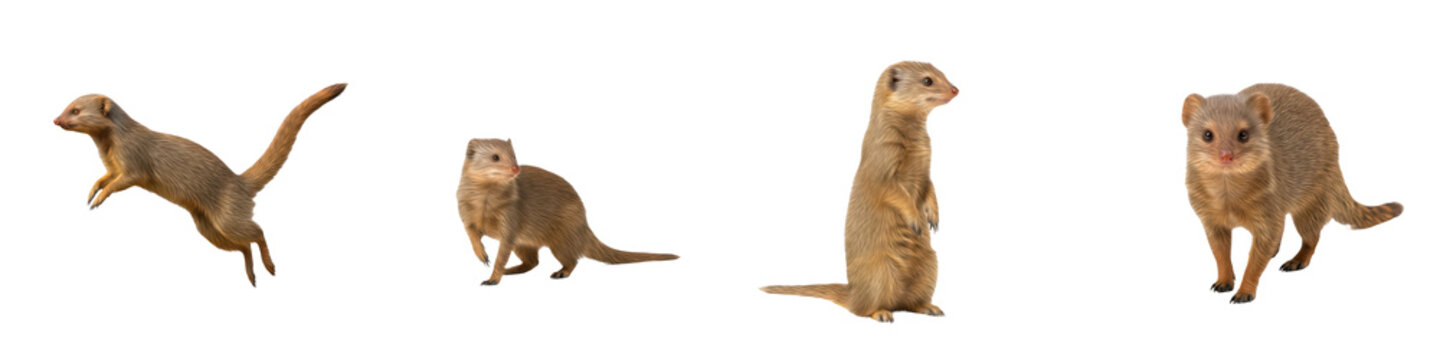 Set of Mongoose Full Body Poses in Various Angles, African Wildlife Animal Collection Isolated on White, PNG Oil Paint