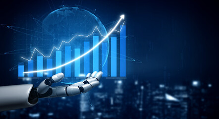 Naklejka premium A futuristic robotic hand showcases a growth chart with rising bars, symbolizing technological advancement and business analytics in a digital landscape. Impute